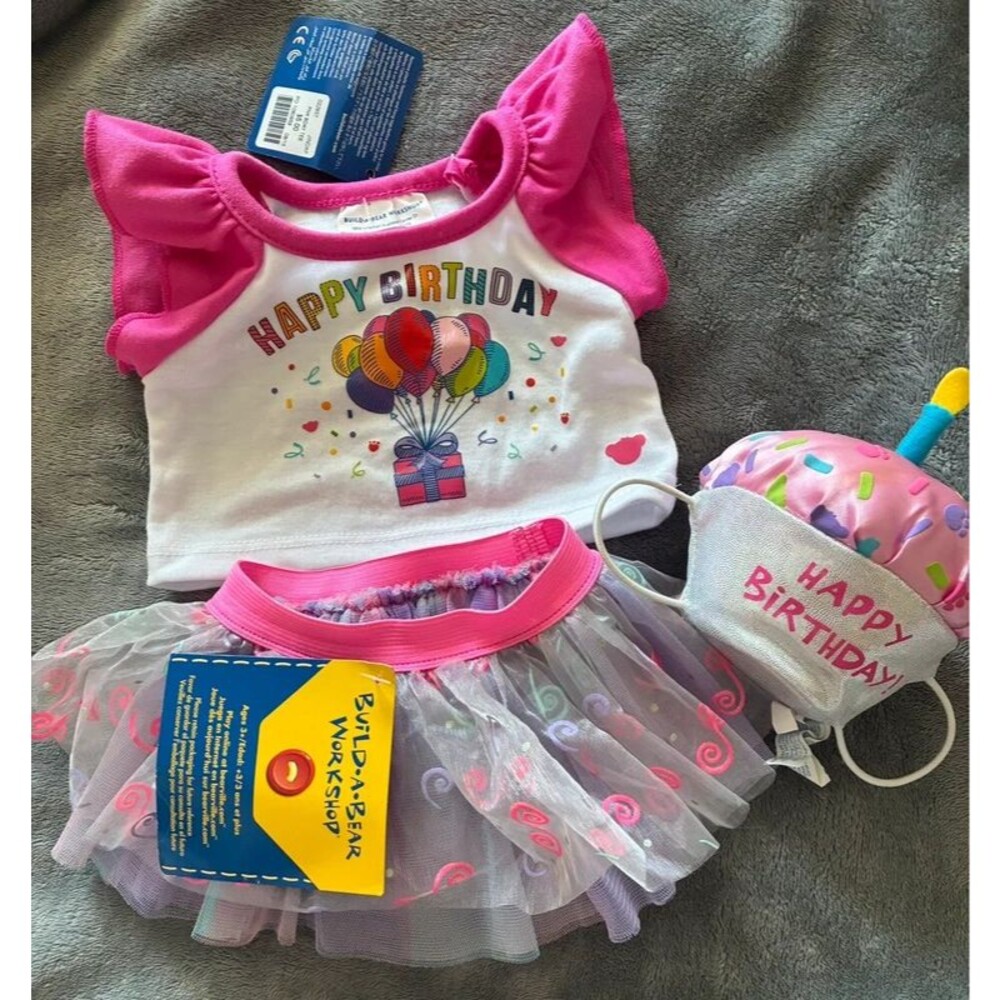 Build-A-Bear Happy Birthday Outfit Tutu Shirt Cupcake Hat 3 Piece Set